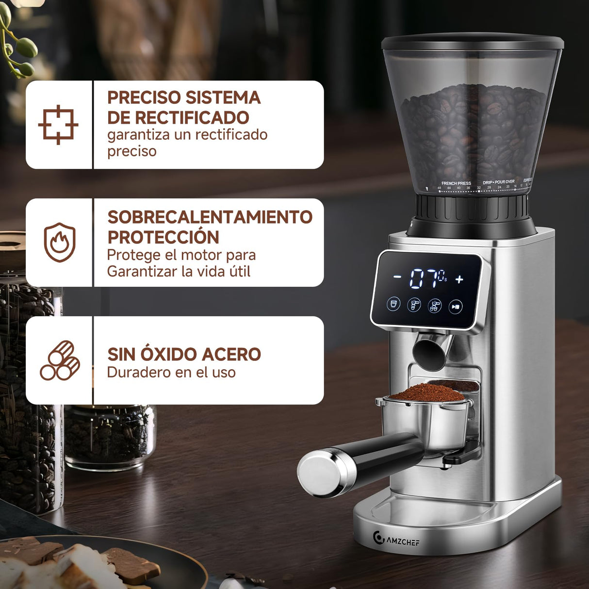 AMZCHEF Molinillo de Café Eléctrico con Soporte Desmontable y Contenedor | Panel Táctil LCD | 24 Regulable de Molido Molinillo de Café con Muelas para Espresso/Drip/Pour Over/Cold Brew/French Press