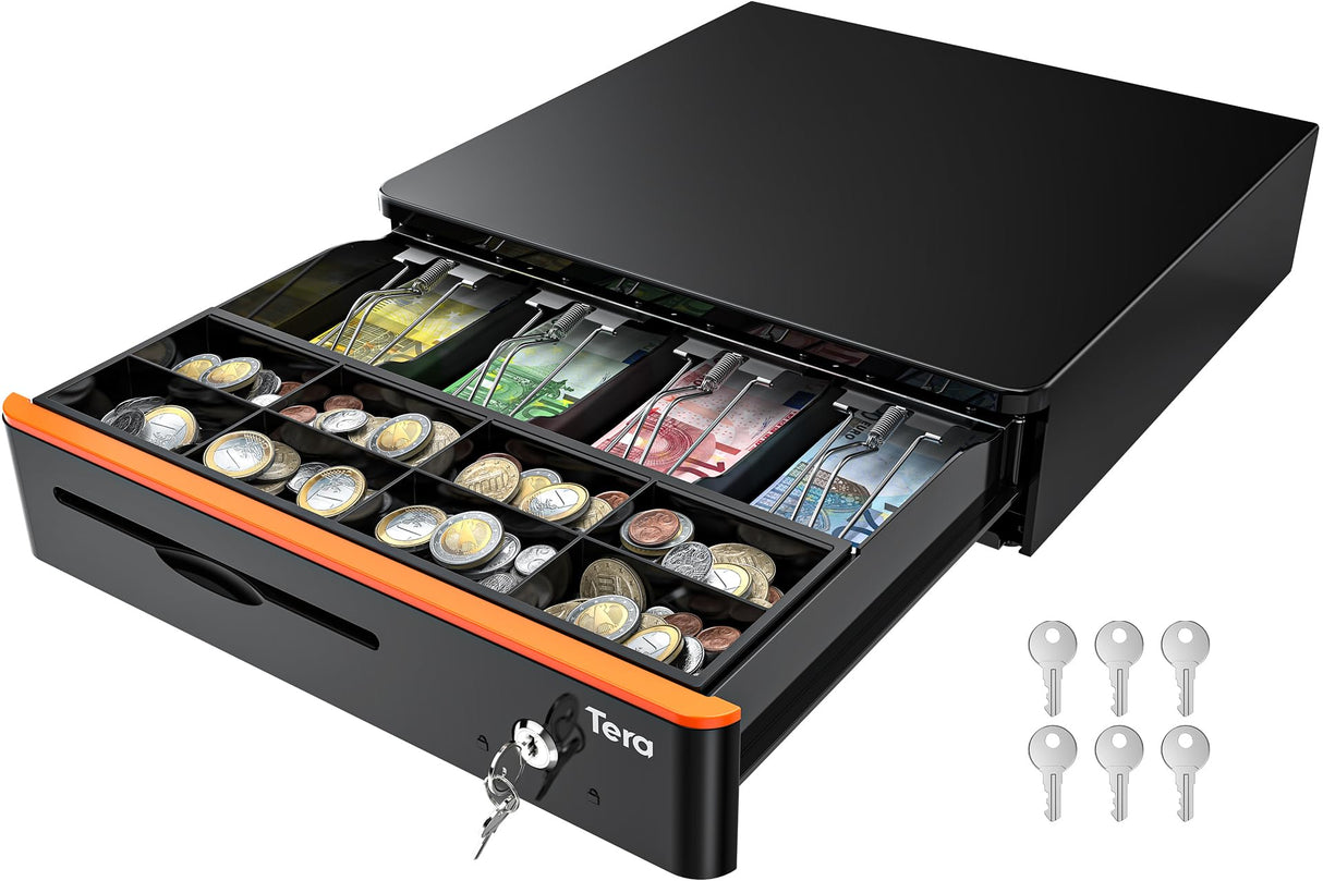 Tera Cajón Portamonedas Automático 16 Pulgadas para POS: 5 Compartimentos para Billetes, 8 para Monedas, Bandeja Extraíble, Cerradura con Llave, Microinterruptor, Negro para Tienda y Caja 405R