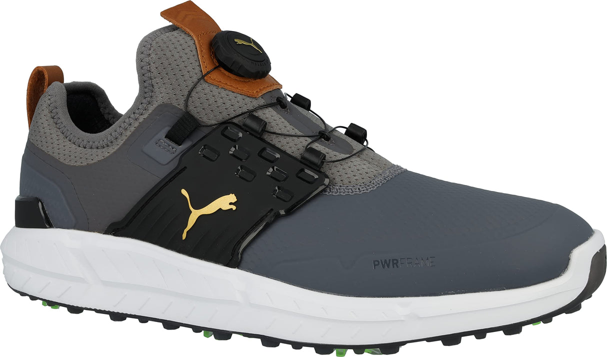 PUMA Encendido Disco articulado, Zapatos de Golf Hombre, Quiet Shade Team Gold Negro, 45 EU