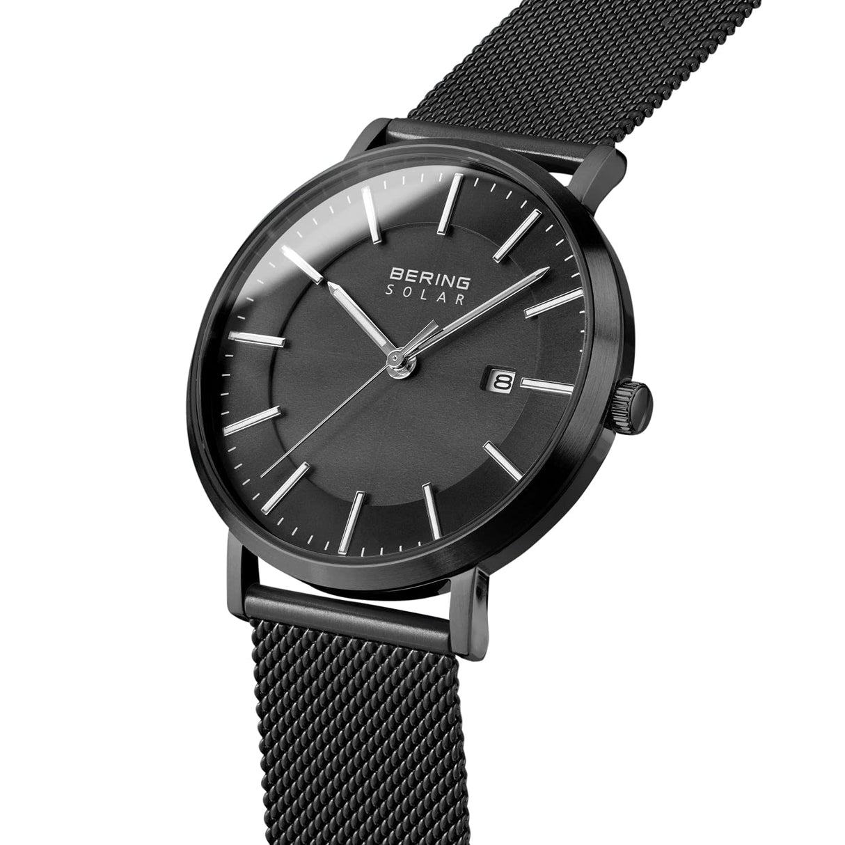 BERING 15439-222 Reloj solar para hombre con caja de acero inoxidable de 39 mm con acabado negro y esfera negra, correa milanesa, cristal de zafiro y resistencia al agua de 10 ATM