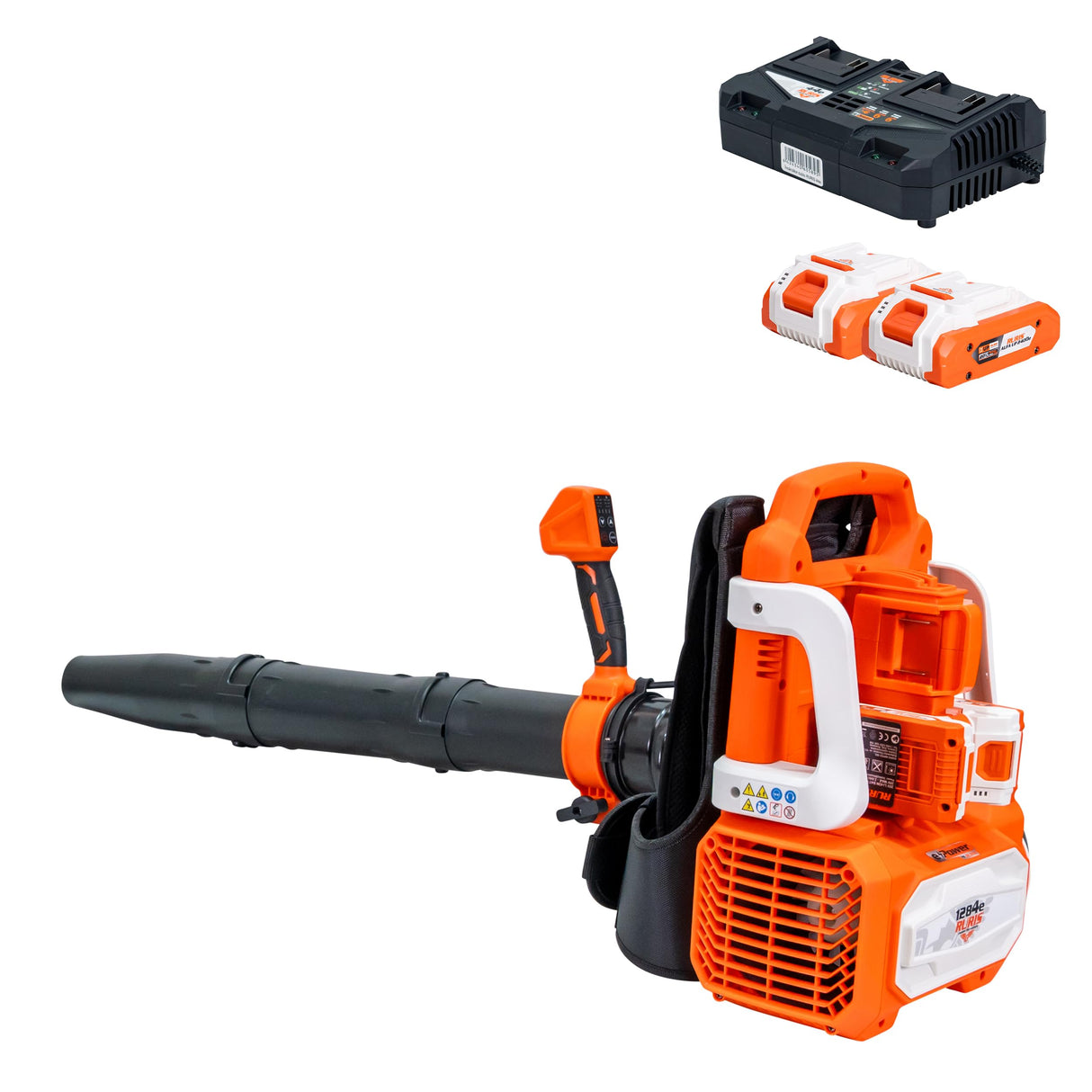 RURIS - Soplador de Espalda inalámbrico 1284e 4 velocidades + Modo Turbo, Velocidad 70 m/s, Volumen 1100 m³/h, Tubo telescópico, arnés y 2 baterías de Litio de 20 V + Cargador Incluido