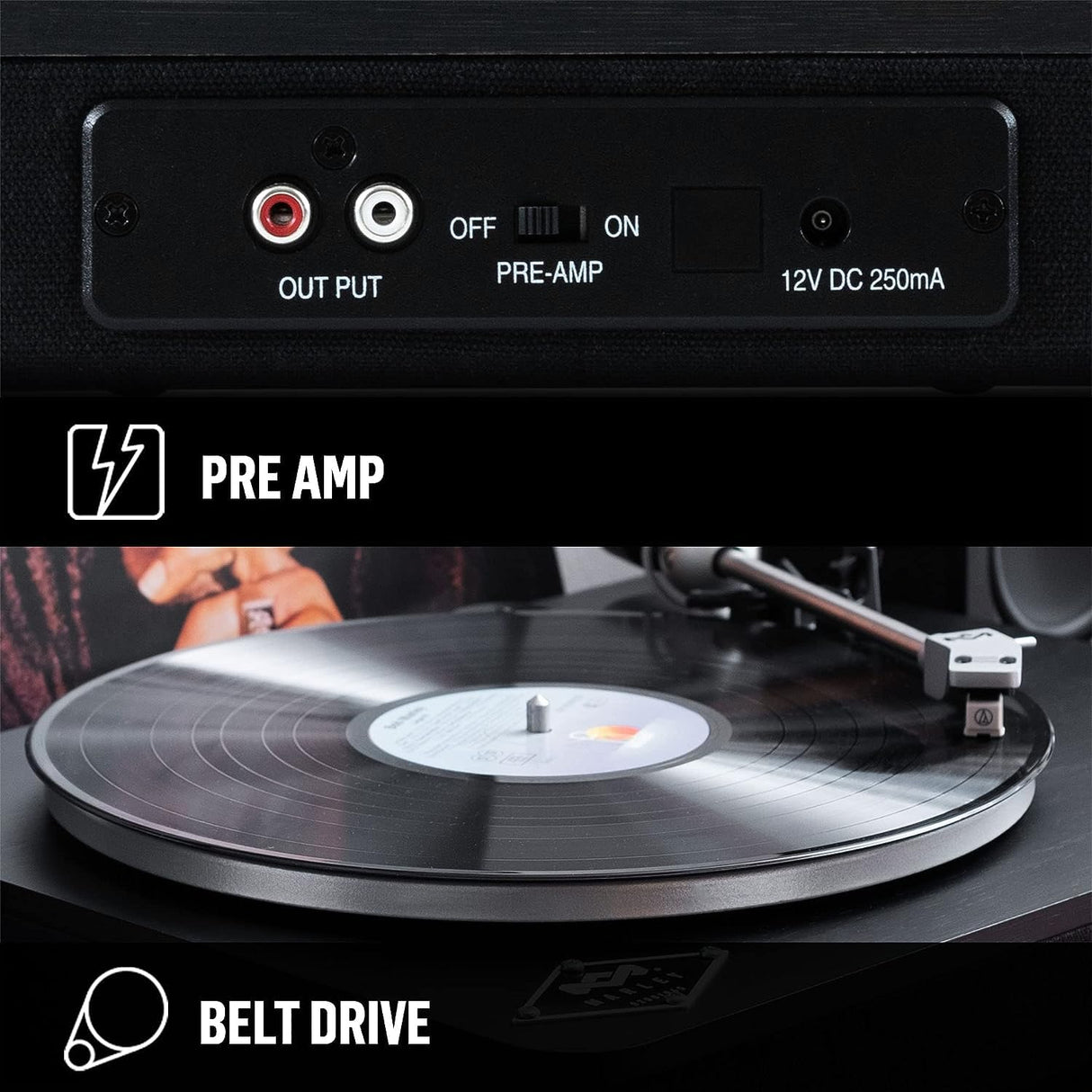 House of Marley Stir It Up Wireless Tocadiscos de Vinilo Bluetooth - Reproductor de Vinilos de 2 Velocidades Producido Sosteniblemente, Tocadiscos Bluetooth con Cápsula de Audio-Technica, Negro
