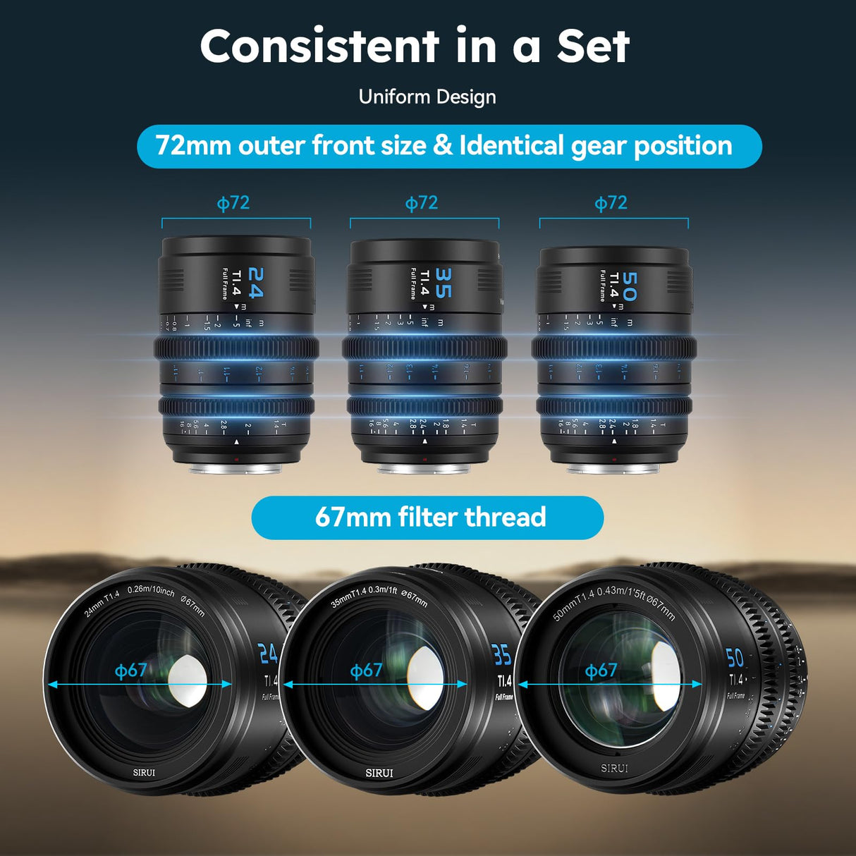 SIRUI VP-1 Vision Prime 1 T1.4 Full Frame Cine Lens Set, 24mm, 35mm, 50mm Lente de Cine de Enfoque Manual con Preinstalación E Montura, Interchangeable RF/Z/L Monturas, 1 Lens para 4 Monturas (Black)
