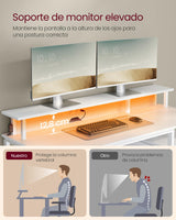 VASAGLE Escritorio con Cajones de Tela, Luces LED y Tomas Corriente Incorporadas, Estante para Monitor, 55 x 135 x 90 cm, 2 Puertos USB-A, para Oficina Casa, Blanco Arce LWD094W01