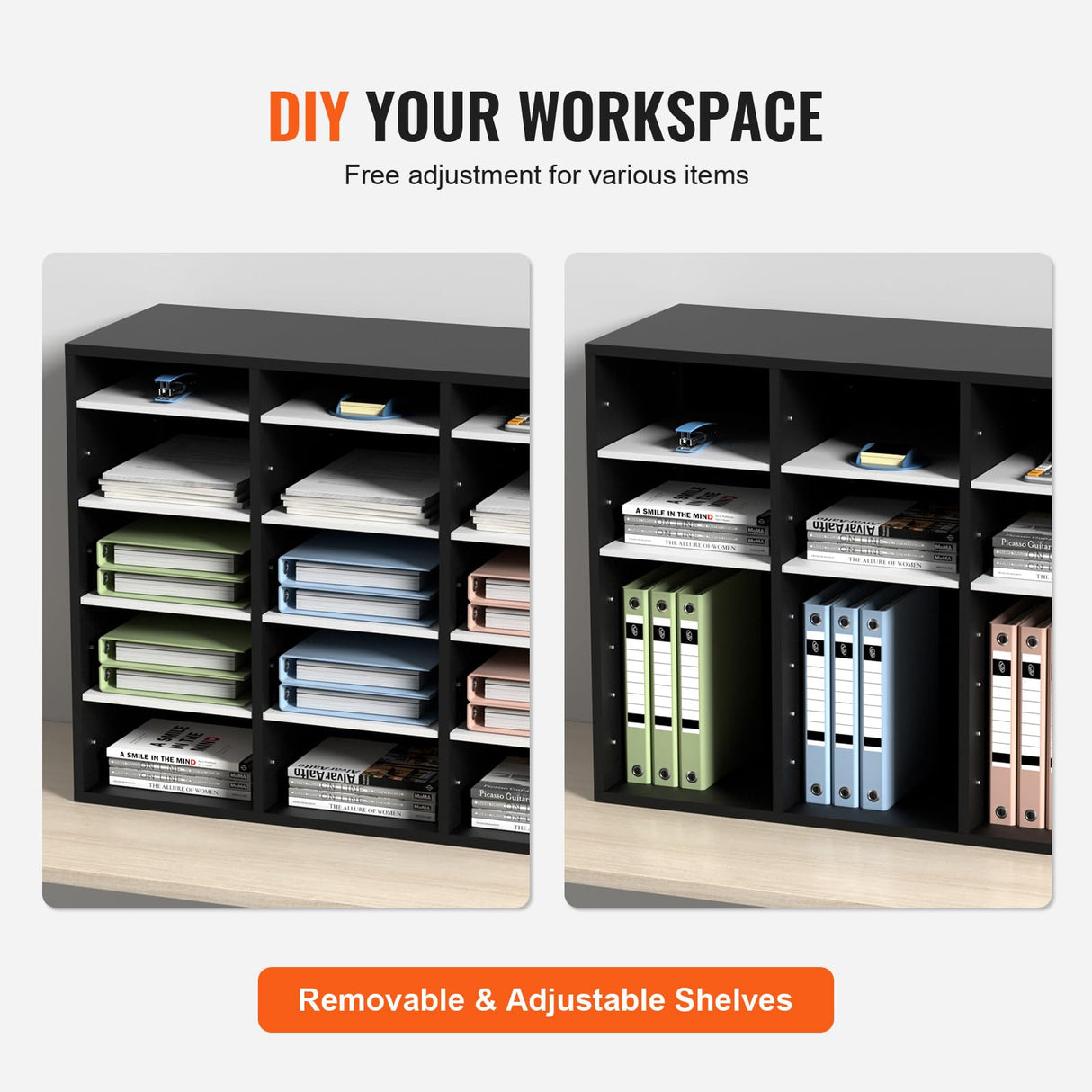 VEVOR Organizador de Literatura de Madera de 27 Ranuras de 800x305x630 mm, Estantes Ajustables de Tablero de Fibra de Densidad Media, Almacenamiento para Archivos, Documentos, Papeles, Negro y Blanco
