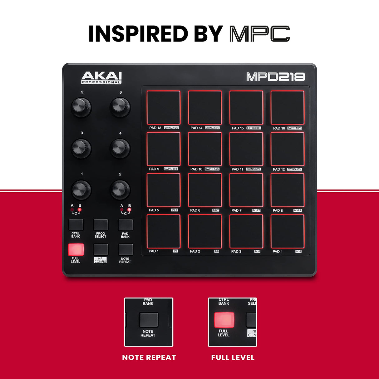 AKAI Professional MPD218 - Controlador de pad MIDI/máquina de pad de percusión/creador de ritmos con 16 pads, controles asignables, software de producción incluido
