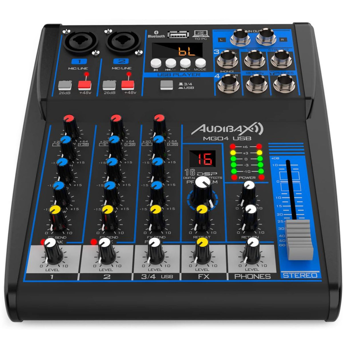 Audibax MG04 USB Mesa Mezclas con 4 Canales Bluetooth, MP3, USB Rec y Efectos