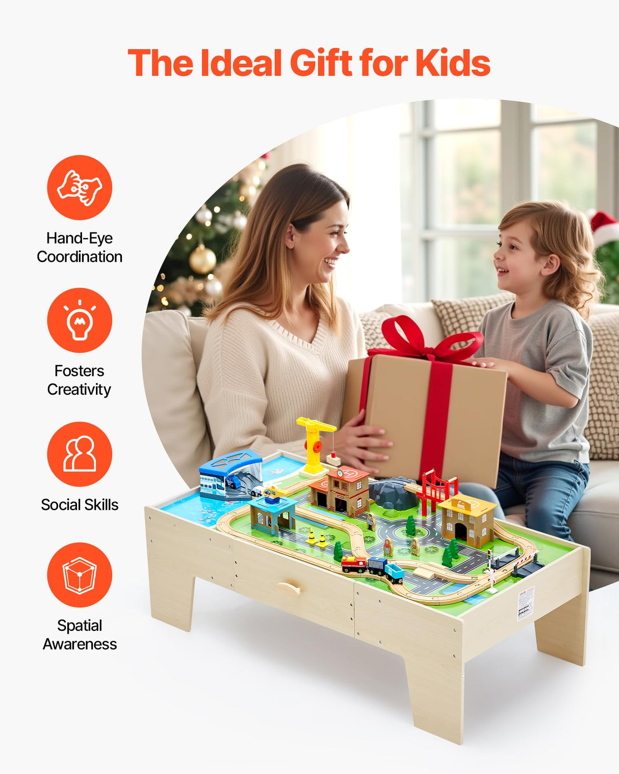 VEVOR Mesa de Actividad de Tren 62 Piezas de Madera 1270 x 621 x 394 mm Mesa de Juegos de Tren Circuito de Ferroviarias Juguetes Creativos con Cajón de Almacenamiento para Facilitar Organización