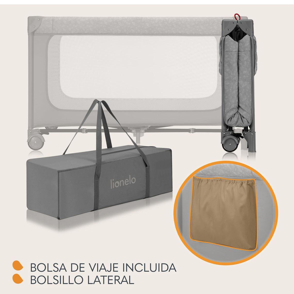 lionelo Jasmin Easy FoldCuna de Viaje para Niños de hasta 15 kg de 0 a 36 Meses Colchón de Espuma T25, 2 Niveles de Altura, Easy Fold, Entrada Lateral, Ruedas (Grey Stone)
