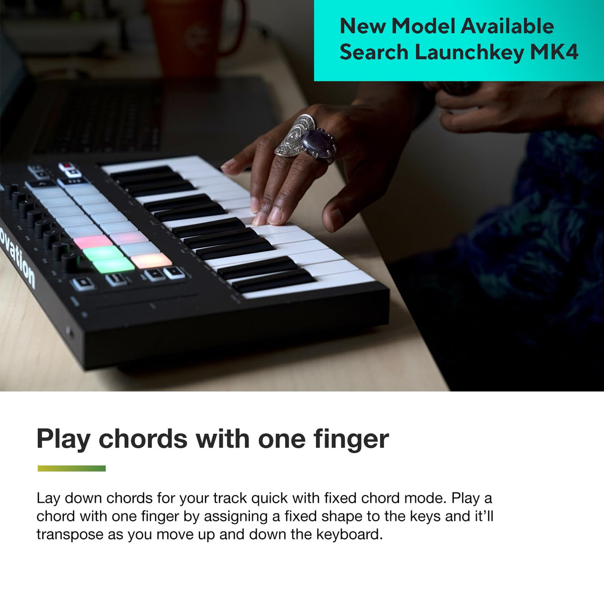 Novation Launchkey Mini [MK3] — Controlador de teclado MIDI de 25 teclas portátil con USB e integración de DAW. Modo de acordes fijos y arpegiador — para producción musical