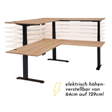Escritorio esquinero regulable en altura eléctrica en madera de madera antigua, con certificado FSC, mesa de oficina ajustable con indicador digital de altura y función de memoria, 185 x 64-129 x 177