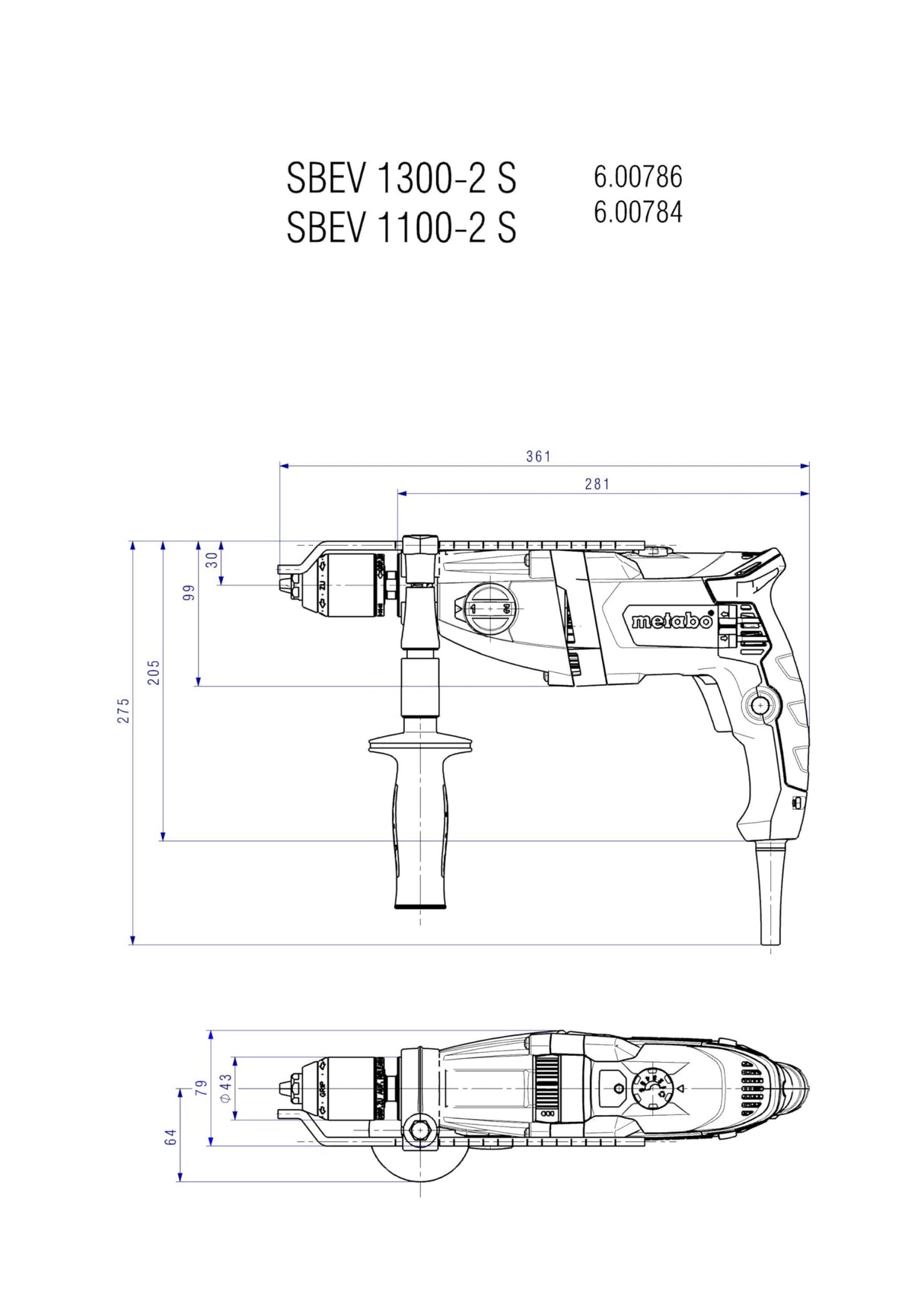 metabo Taladro percutor SBEV 1300-2 S – 1300 W, 2 velocidades, 44 Nm – Vario-velocímetro Constamatic, carcasa de aluminio, motor maratón, acoplamiento de seguridad, para hormigón, acero, madera