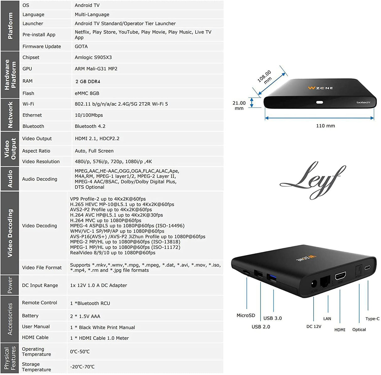 LEYF 4K Android TV Box Original Licensed by Google LLC and Netflix, Disney, Prime Video WiFi, Type-C, HDMI 2.1, USB 3.0, Ethernet, MicroSD/Smart TV, Chromecast, Youtube