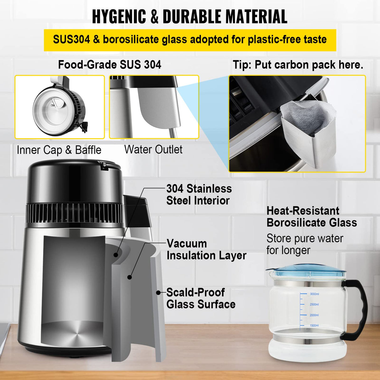 VEVOR Destilador de Agua 4L Filtro de Destilación de Agua con Recipiente de Vidrio 750 W 1 L/H Ajuste de Velocidad, Destilación Filtro Purificador de Acero Inoxidable Temperatura Doble 7,9lbs, Plata
