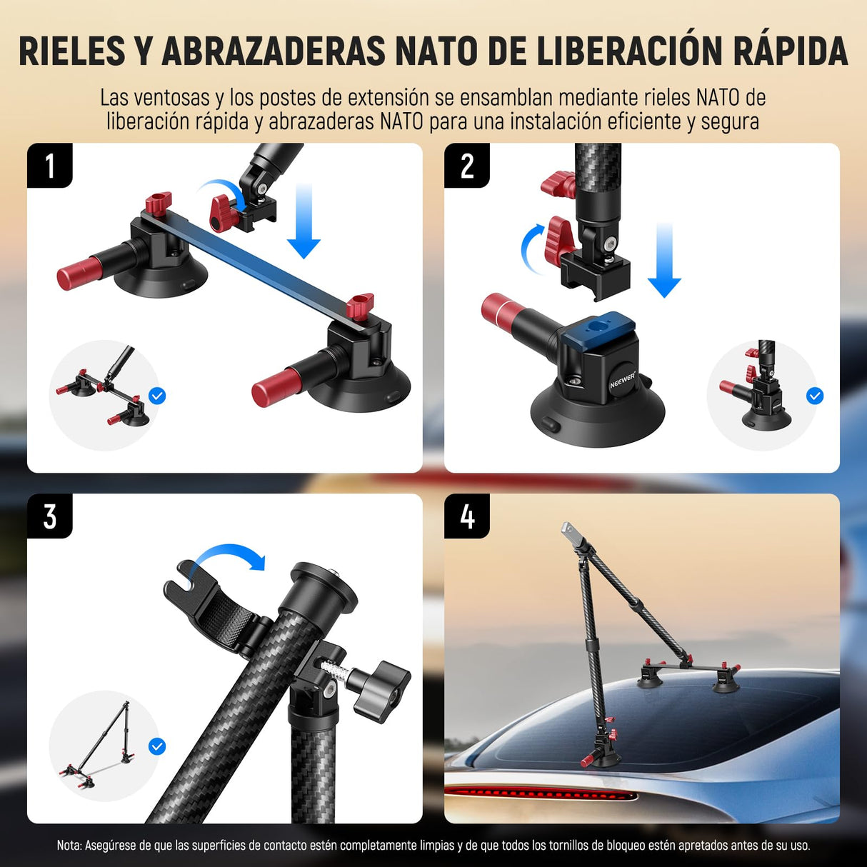 NEEWER Kit de Montaje de Coche con Triple Ventosa, Cámara Soporte de Fibra de Carbono con Adaptador Cámara Acción, Raíl NATO y Mástil de Extensión de 60cm Compatible con GoPro Insta360, MAX 1kg,CA136