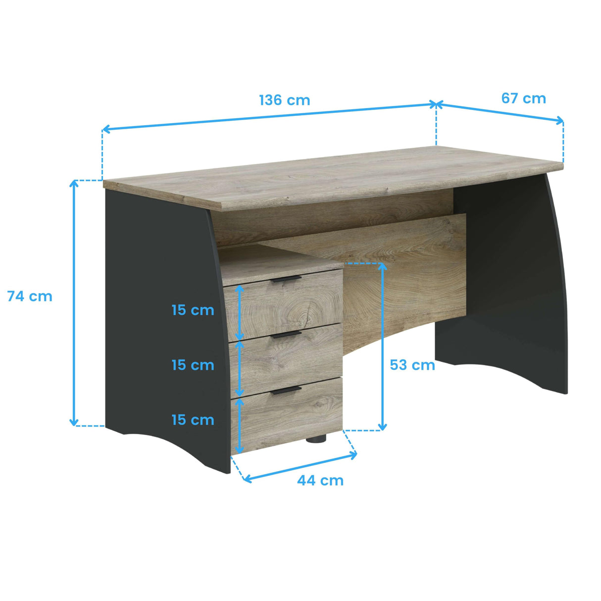 Habitdesign Mesa de Despacho con 3 Cajones, Mesa de Oficina o Estudio, Modelo Stil, Acabado en Gris Antracita y Roble Alaska, Medidas: 136 cm (Ancho) x 67 cm (Fondo) x 74 cm (Alto)