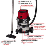 Einhell Aspirador en seco y húmedo con batería TE-VC 36/25 Li S-Solo Power X-Change (iones de litio, 2x 18V, modo ECO/BOOST, potencia de aspiración 150 mbar, 25 L, sin batería ni cargador)