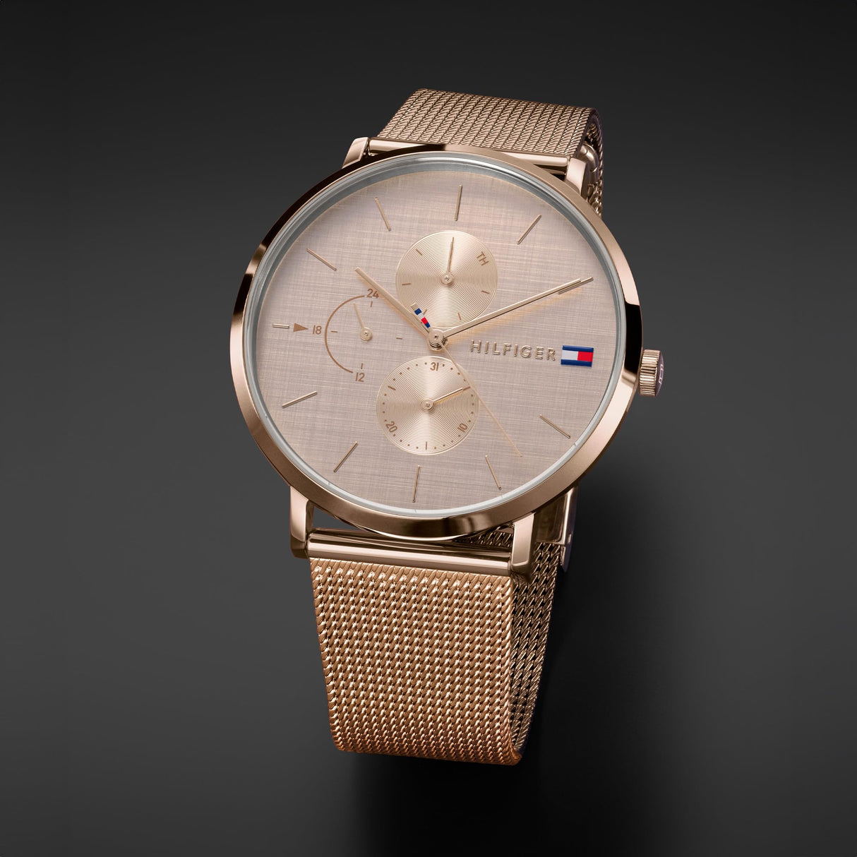 Tommy Hilfiger Reloj Analógico de Cuarzo Multifunción para Mujer con Correa de Malla de Acero Inoxidable de Oro Rosa - 1781944
