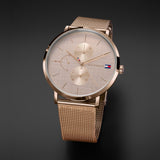 Tommy Hilfiger Reloj Analógico de Cuarzo Multifunción para Mujer con Correa de Malla de Acero Inoxidable de Oro Rosa - 1781944