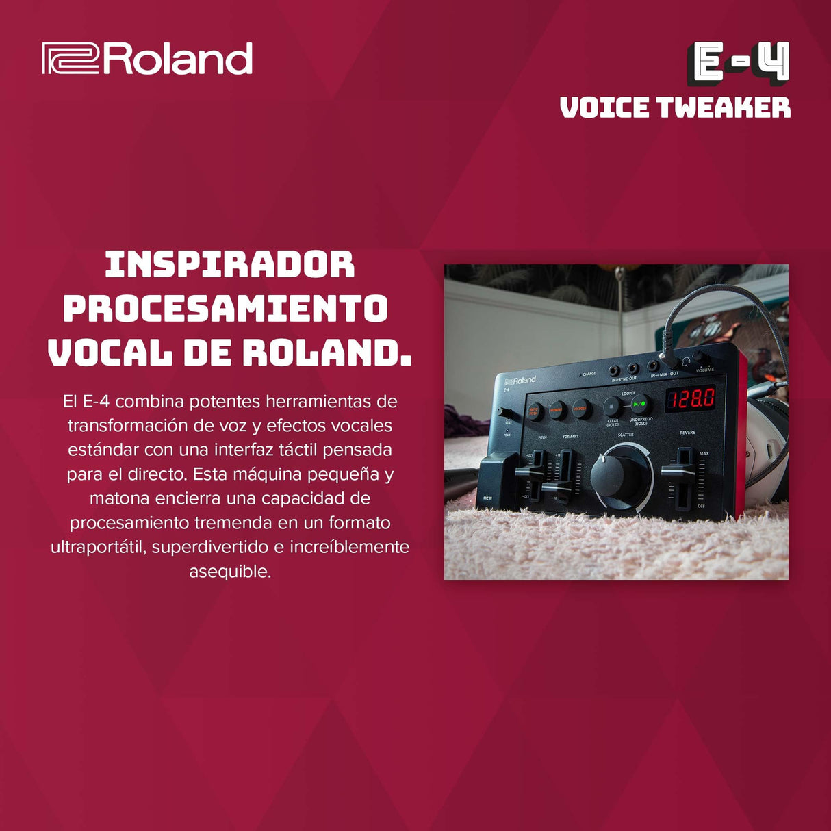 Roland AIRA Compact E-4 Voice Tweaker | Herramienta de transformación vocal con efectos avanzados | Looper de 24 segundos | Filtro corte bajo | Batería inalámbrica para 3,5 horas | Ligero y portátil