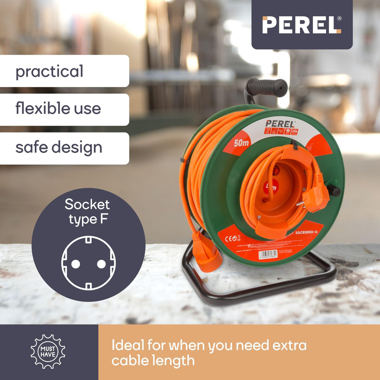 Perel Extensión electrónica sobre enrollamiento, uso interior, tierra alemana, protección térmica, 50 m, 3g1.5, naranja/verde