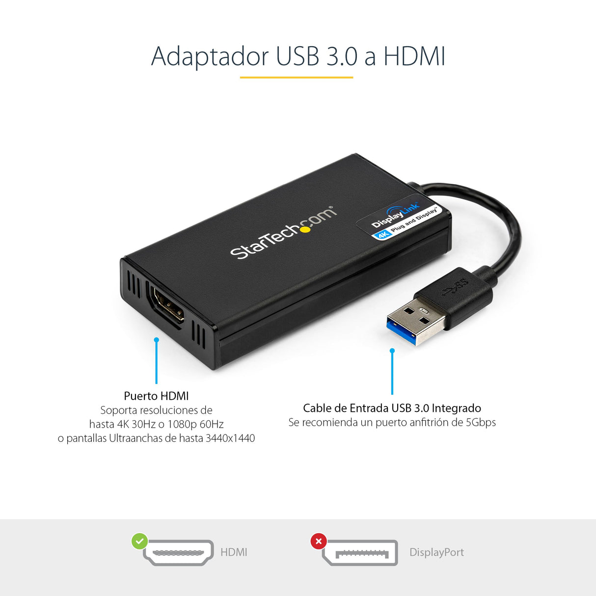 StarTech.com Adaptador Gráfico USB 3.0 a HDMI - UltraHD 4K30Hz - Conversor Externo USB-A a HDMI para Monitor - Mac y Windows