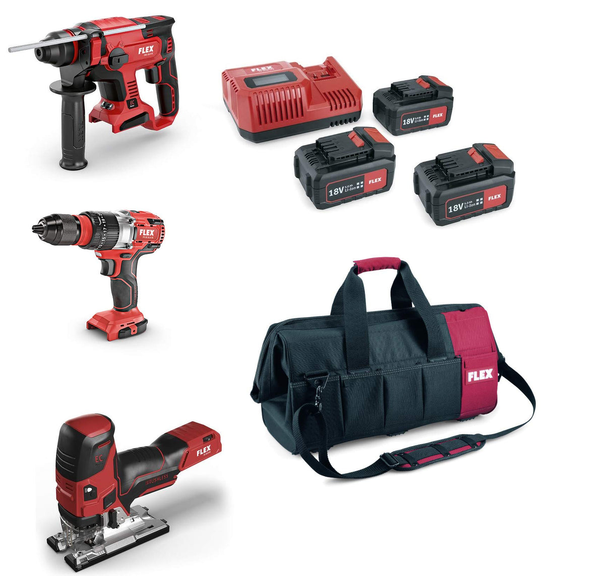 Flex 497444 Flex Pack - Juego de herramientas con taladro de percusión, martillo perforador combinado, sierra de calar (con 3 baterías de 18 V/5 Ah, luz LED, motor sin escobillas, herramientas