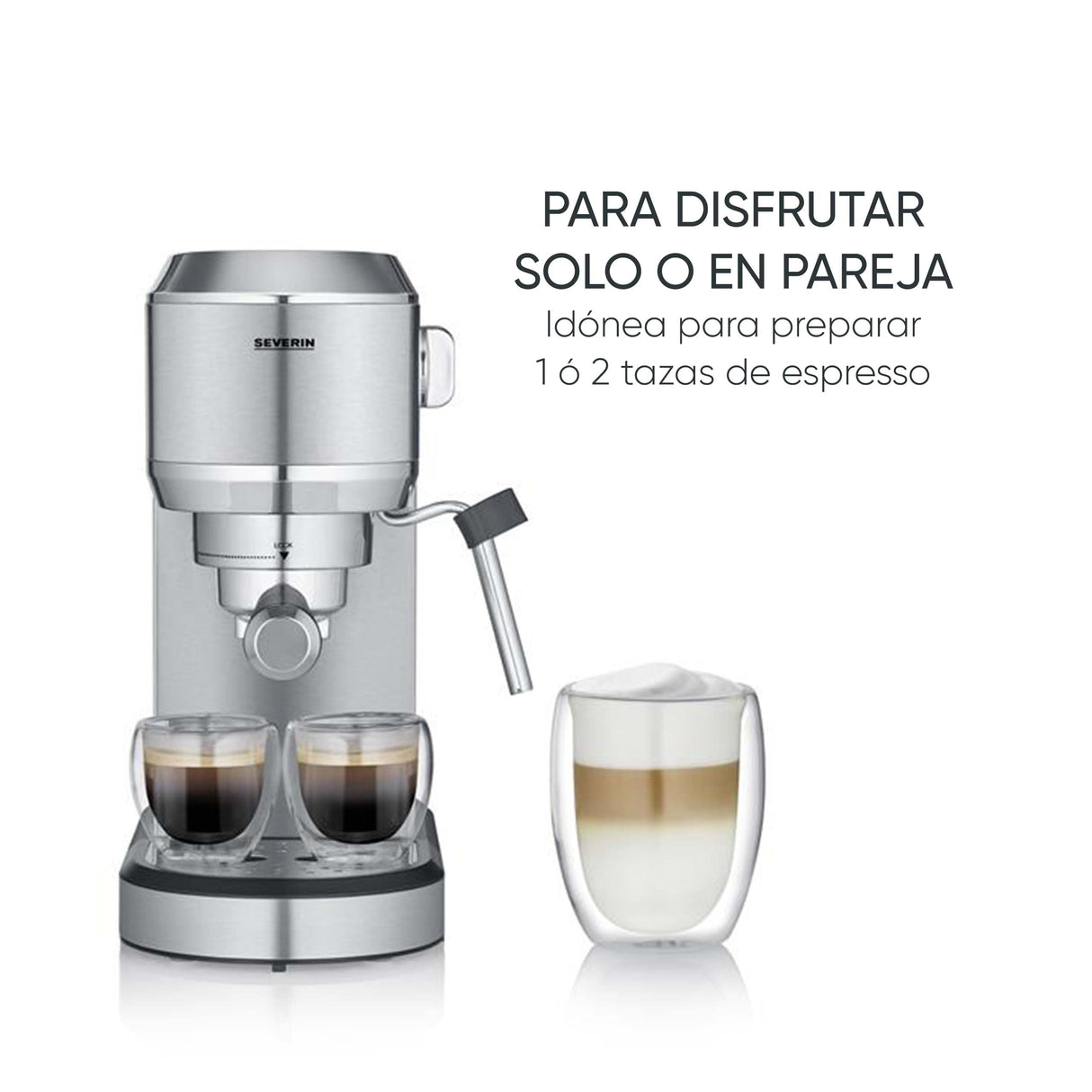 SEVERIN Máquina de café espresso Newspresa, máquina de portafiltro, bomba ULKA con 20 bares, boquilla espumadora de leche, depósito de agua de 1 L, para una o dos tazas, acero inox 1.350 W, KA 5997