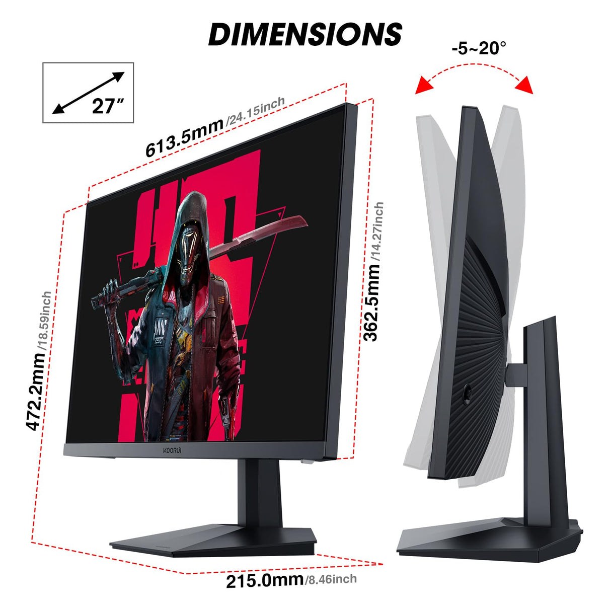 KOORUI Monitor 27 Pulgadas, Monitor Gaming 165Hz, FHD (1920 x 1080), 1ms, sRGB 100%,DCI-P3 90%,Adaptive Sync, 2xHDMI 2.0,DP1.4, VESA 75 * 75mm, inclinación Ajustable