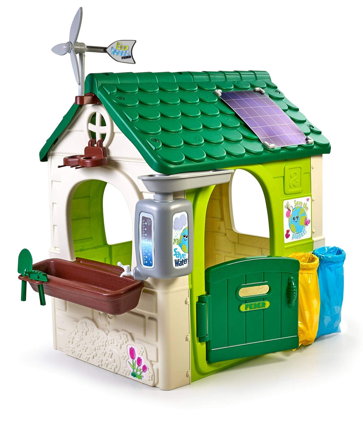 FEBER - Casa Eco House, Versión Previa, Casita de Jardín Educativa con Juegos Ecológicos, Jardinera Urbana, 2 Papeleras, Molino, para niños y niñas Amantes de la Naturaleza,2 años, Famosa (800013004)