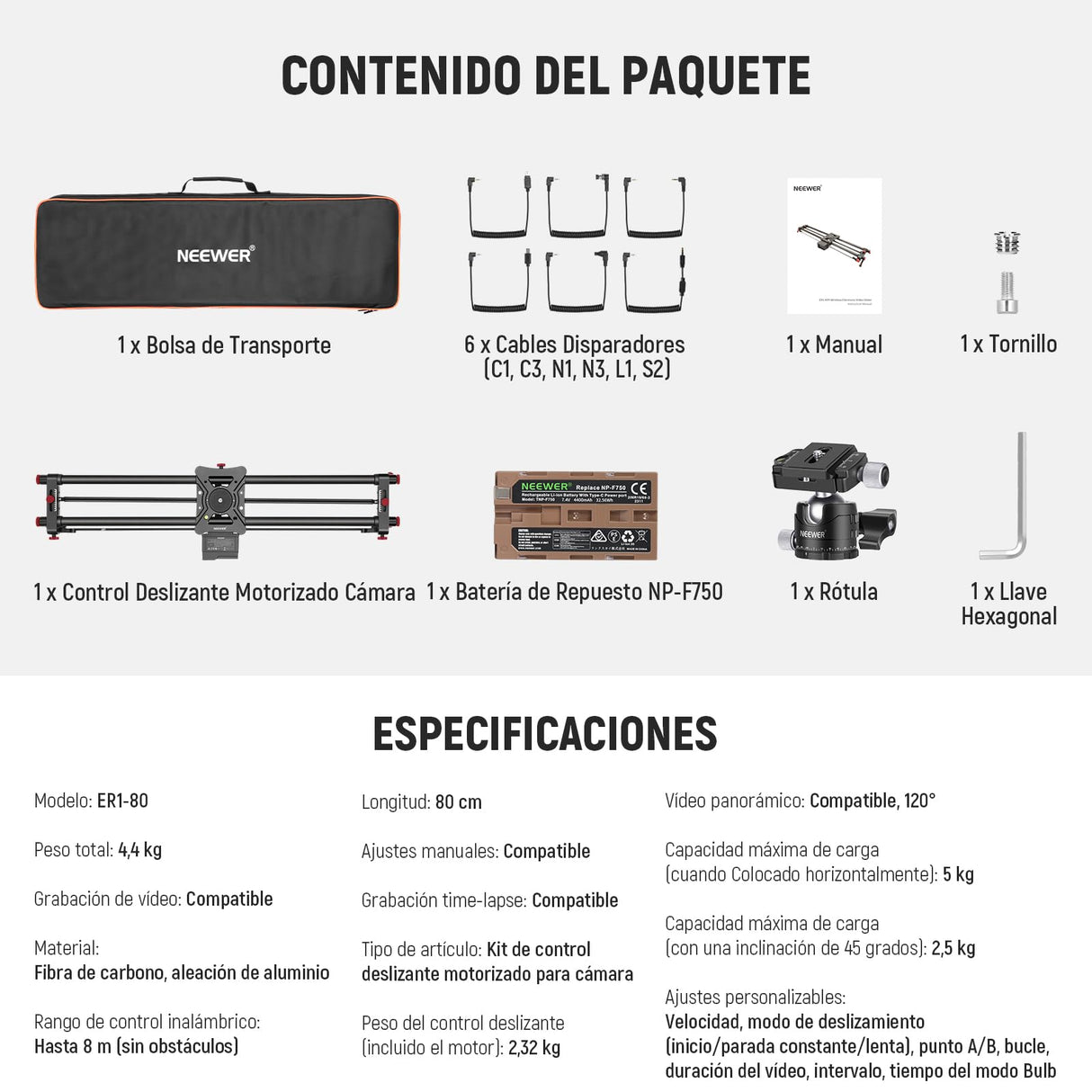 NEEWER 31,5"/80cm Deslizador Motorizado Cámara, App Control Inalámbrico DSLR Deslizador Riel Fibra Carbono con 4400mAh Batería F750 (Cargador No Incluido), Modo Video, Lapso Tiempo Foto, ER1-80