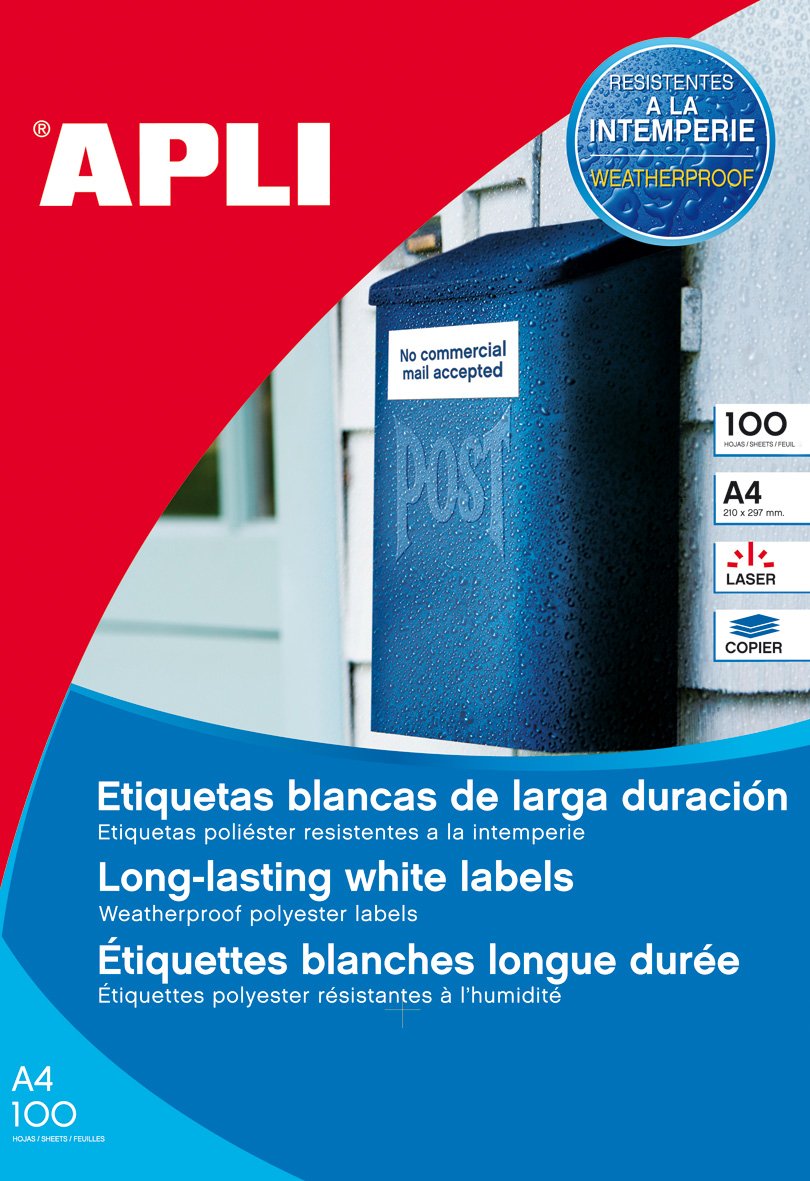 APLI 12121 - Etiquetas resistentes intemperie 210,0 x 297,0 mm 100 hojas, Blanco