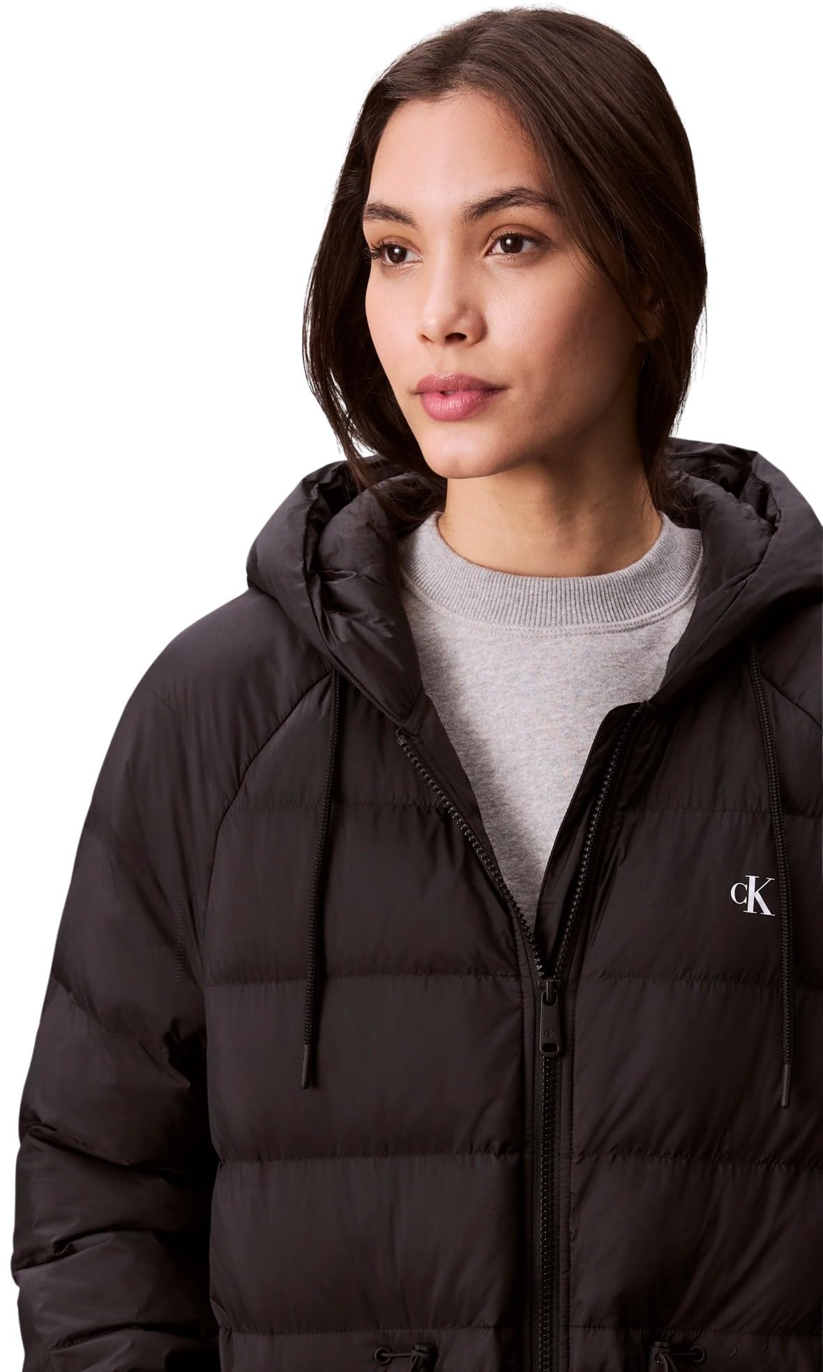 Calvin Klein Abrigo de plumas Mujer Lightweight Logo Mid Length con capucha, Negro (Black), S
