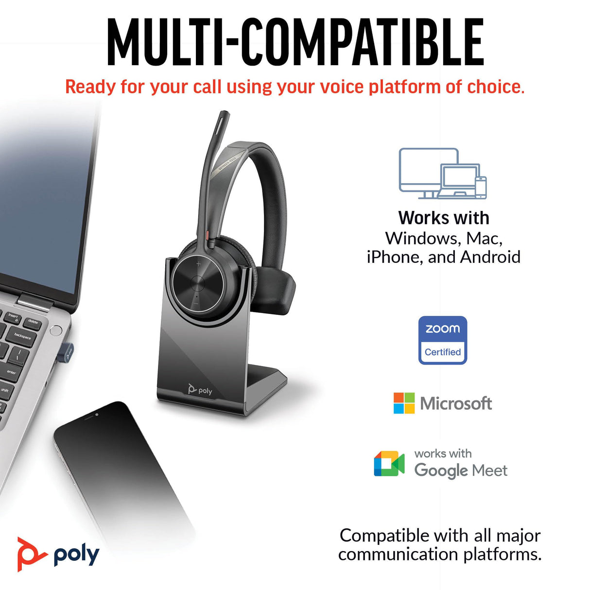 Auricular inalámbrico y soporte de carga Poly Voyager 4310 UC - Auricular Bluetooth monoaural con micrófono de brazo con cancelación de ruido - Conéctalo a PC/Mac/dispositivo móvil