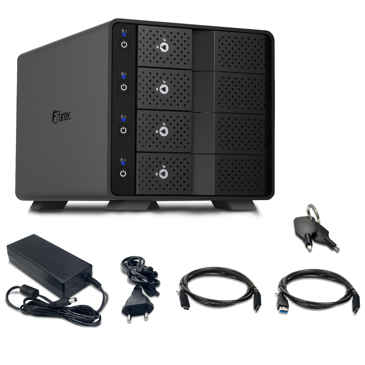 FANTEC 4X USB3.2 Gen2 Hard Disk Docking Station for 4X SATA 3.5/2.5 Inch SSDs and HDDs, Transfer Rates up to 10Gbit/Sec, no Tools Required, 2X USB Cable. Aluminum Enclosure Black