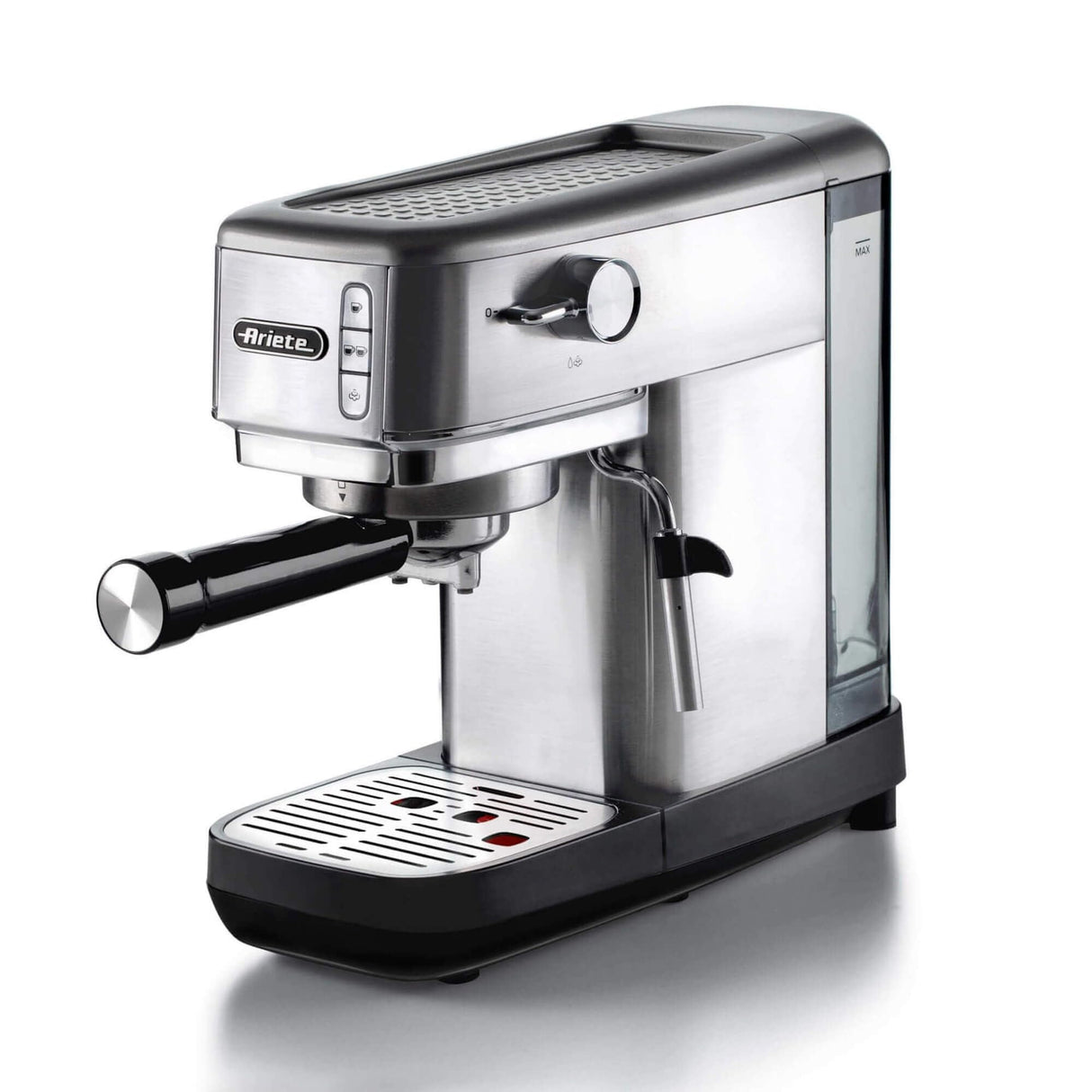 Ariete 1380 Cafetera de metal, compatible con café en polvo y monodosis ESE, 1300 W, capacidad 1,1 L, 15 bar de presión, filtro ½ tazas, dispositivo capuchino, plata