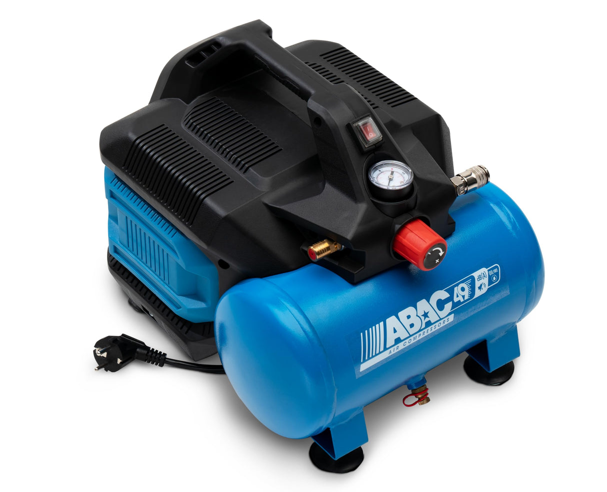 ABAC Compresor de aire silencioso portátil EASE-AIR 6, Compresor de aire sin aceite, Presión máxima 8 bar, Potencia 0.75 Hp, Depósito 6 litros, Nivel sonoro 49 dB