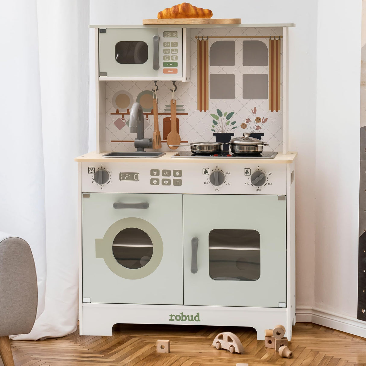 ROBUD Cocinas de Juegos de Madera, Cocina Infantil con Accesorios, Apta para niños a Partir de 3 años, Montessori