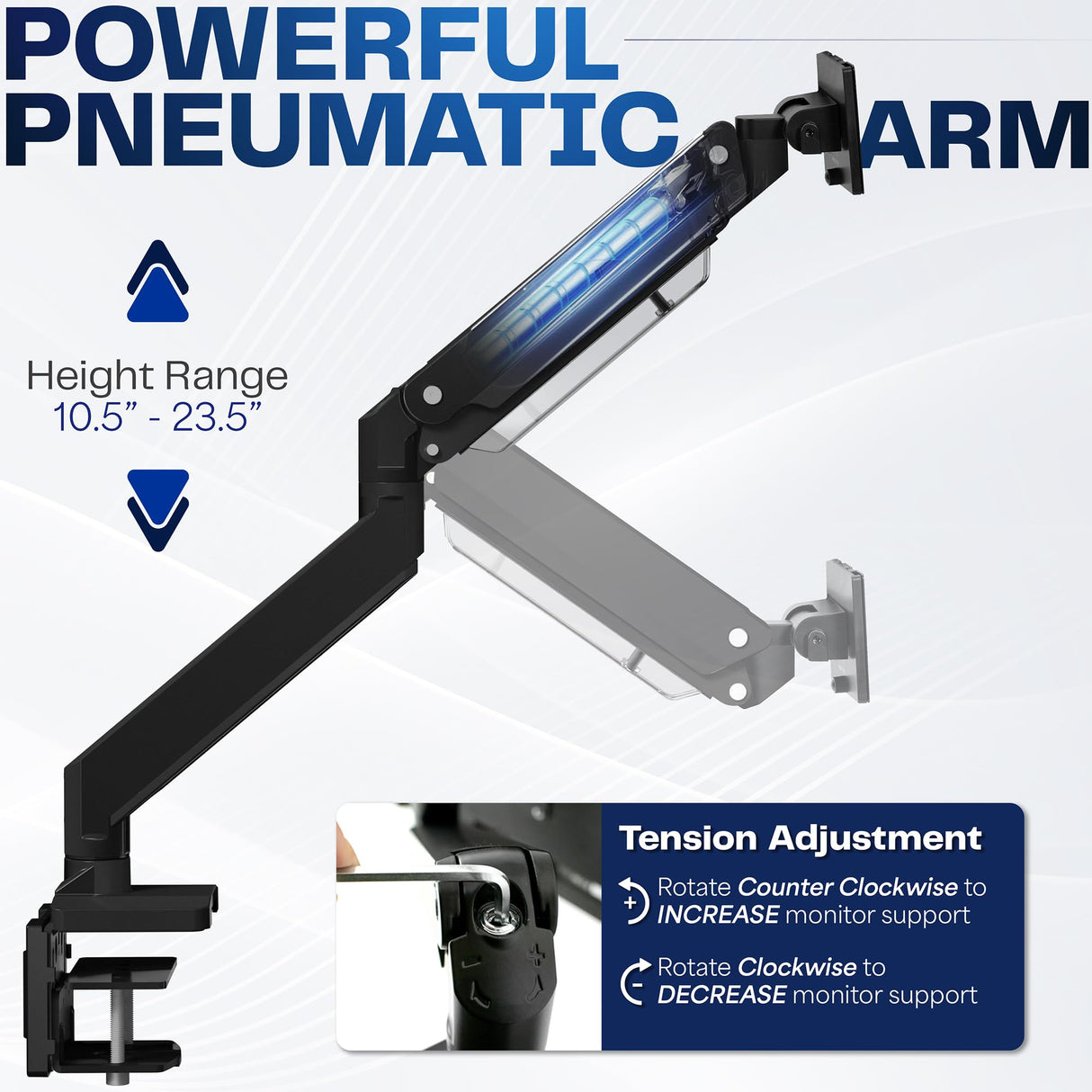VIVO Brazo de Monitor de Aluminio monitores ultraanchos de hasta 49 Pulgadas y 33 Libras, Soporte de Montaje de Escritorio único, Altura neumática, VESA máxima 100 x 100, Negro,