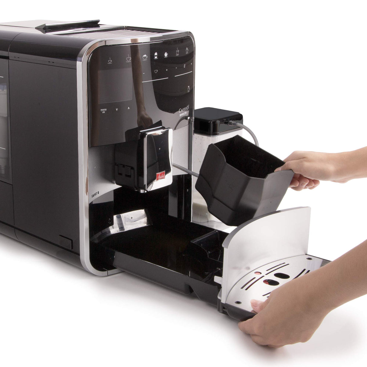 Melitta Barista T Smart F831-101, Cafetera Superautomática con Molinillo Silencioso, App Connect, Pantalla Táctil, 18 Recetas, 15 Bares, 1450 W, 1.8 litros, Acero inoxidable, Plata/Negro