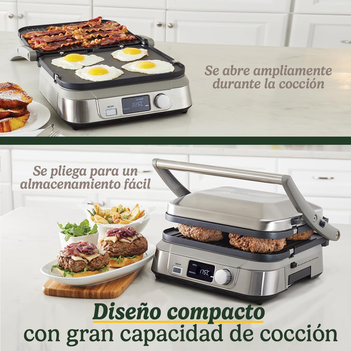 Cuisinart 6-en-1 : Gril, Plancha, Gaufrier | Plaques réversibles antiadhésives | Écran digital | SearBlast® | Bisagra ajustable, Acero inoxidable