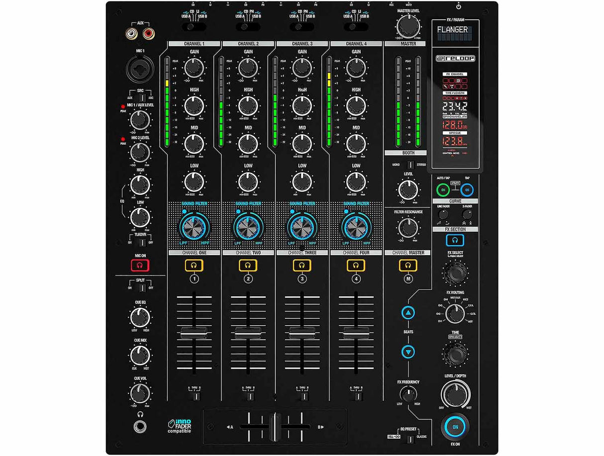 Reloop RMX-95 | Clubmixer de 4+1 canales para DJs con interfaz de alta calidad de 24 bits, unidad FX, filtros de sonido, modo EQ Neural Mix™ y hub USB activo