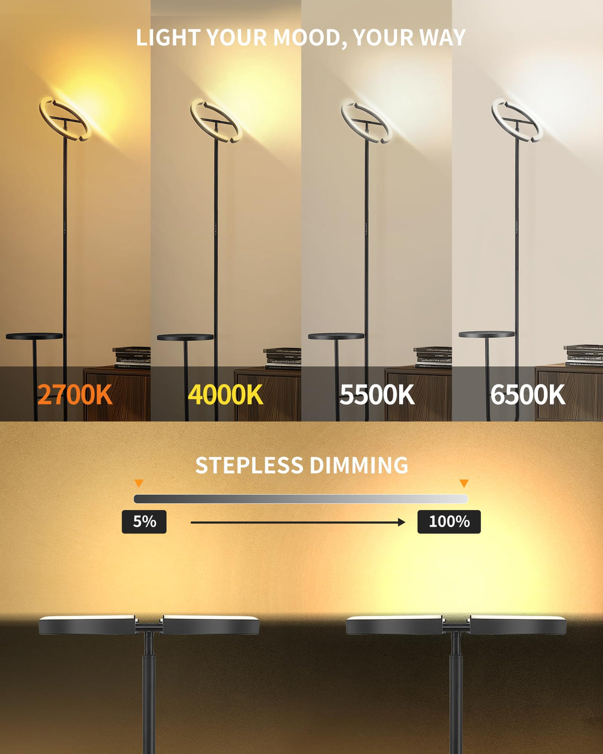 LuminexDesigns Lámpara de Pie con Mesa – Lámpara LED Regulable 36W con Mando a Distancia y Control Táctil, Cabezal Giratorio 360°, 2700K–6500K, Moderna para Salón, Oficina, Dormitorio – Negro