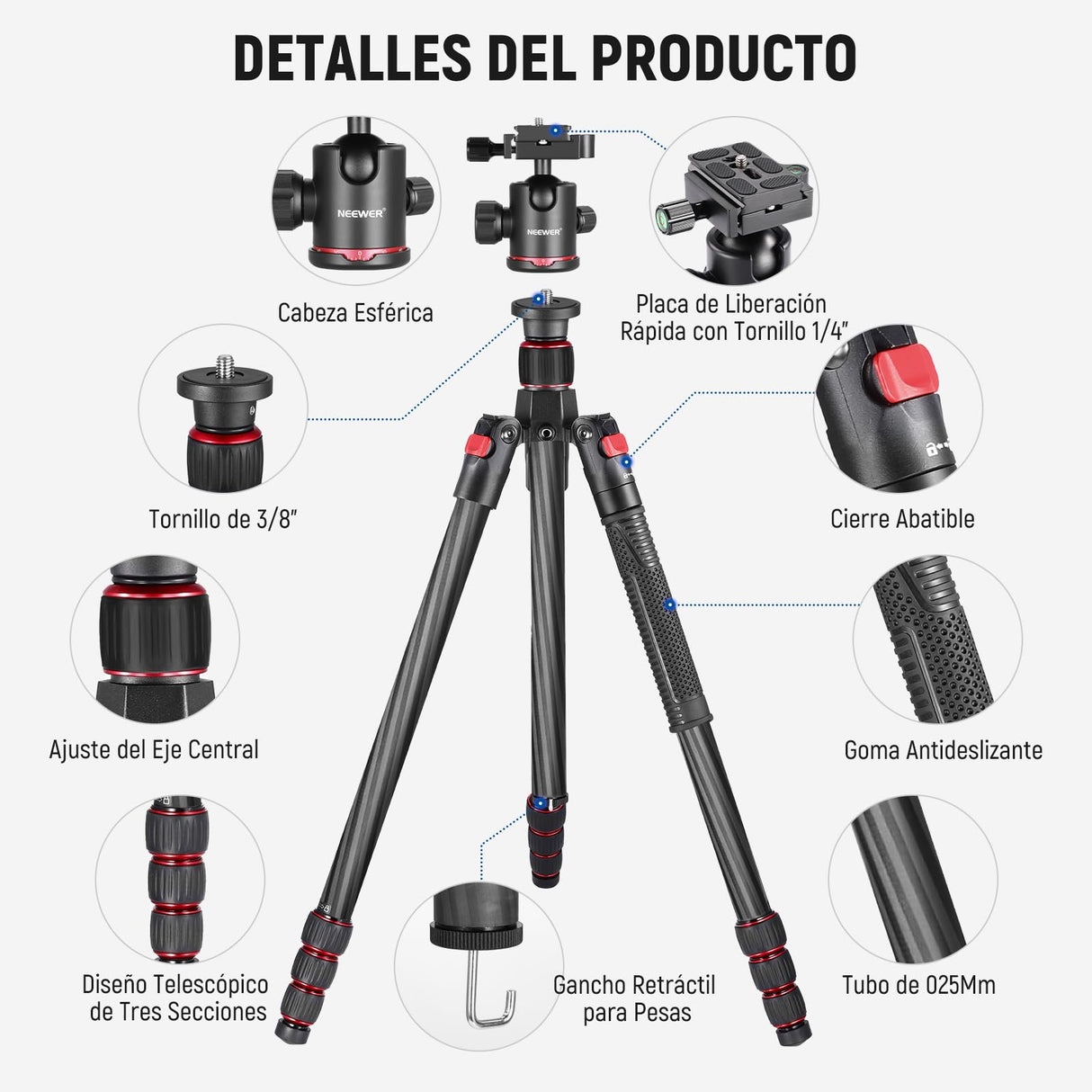 NEEWER 66"/168cm Trípode de Fibra Carbono para Cámara Cabeza de Bola Panorámica 360°,Placa Arca QR 1/4",Bolsa Portátil,Monopié Trípode Viaje Compacto Videocámara DSLR,Carga Máxima 26.5lb/12kg,N55C