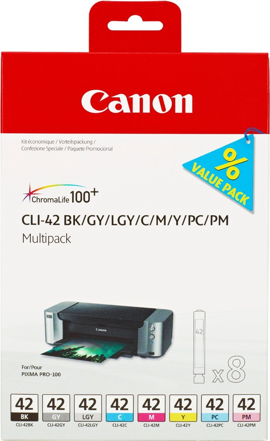 Canon CLI-42 Multipack de 8 Cartuchos de Tinta Original Negro/Gris/Gris Claro/Cian/Magenta/Amarillo/Foto Cian/Foto Magenta para Impresora de Inyeccion de Tinta Pixma PRO100-PRO100S