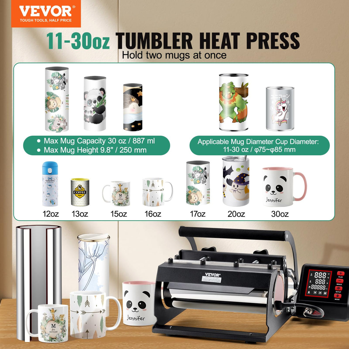 VEVOR Prensa Térmica para Vasos de 325-887 ML Prensa Térmica para Vasos con Papel de Sublimación, Cinta y Guantes, Ajuste de Temperatura y Tiempo para Vasos, Tazas y Jarras de Sublimación, Negro