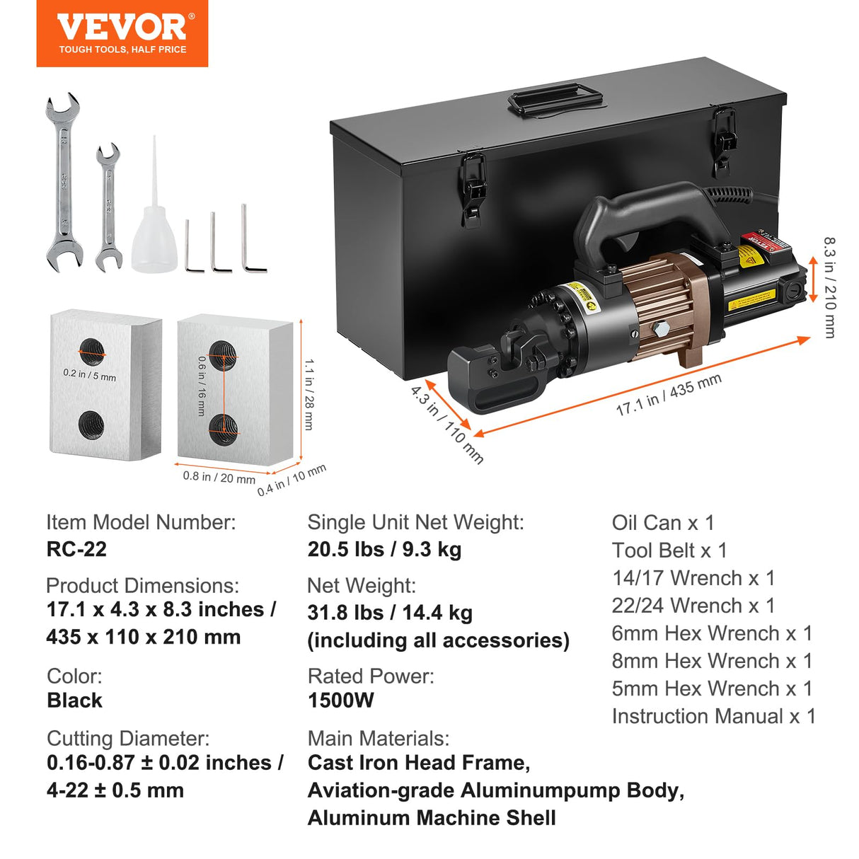 VEVOR Cortadora de Varillas de Refuerzo Hidráulica Eléctrica Portátil de 1500 W, hasta 4-22 mm en 2,5 Segundos, Acero de Alta Potencia con Accesorios Ricos en Aceite, Negro, 435 x 110 x 210 mm