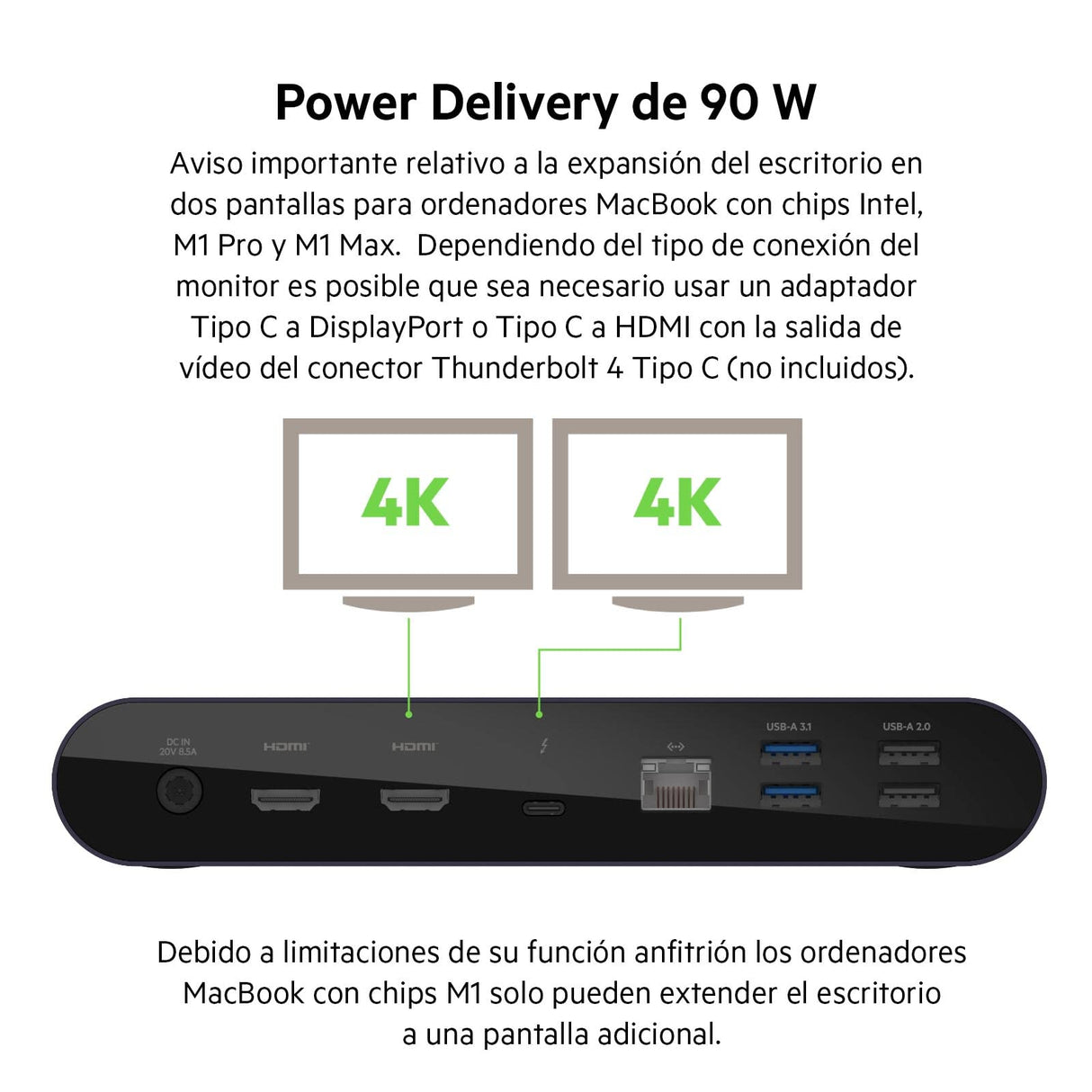 Belkin estación de acoplamiento Thunderbolt 4 Pro, pantalla 8K a 30 Hz, dos pantallas 4K a 60 Hz, 2 puertos Thunderbolt 4, 2 HDMI, suministro PD de 90 W, Docking Station por MacBook Pro, XPS