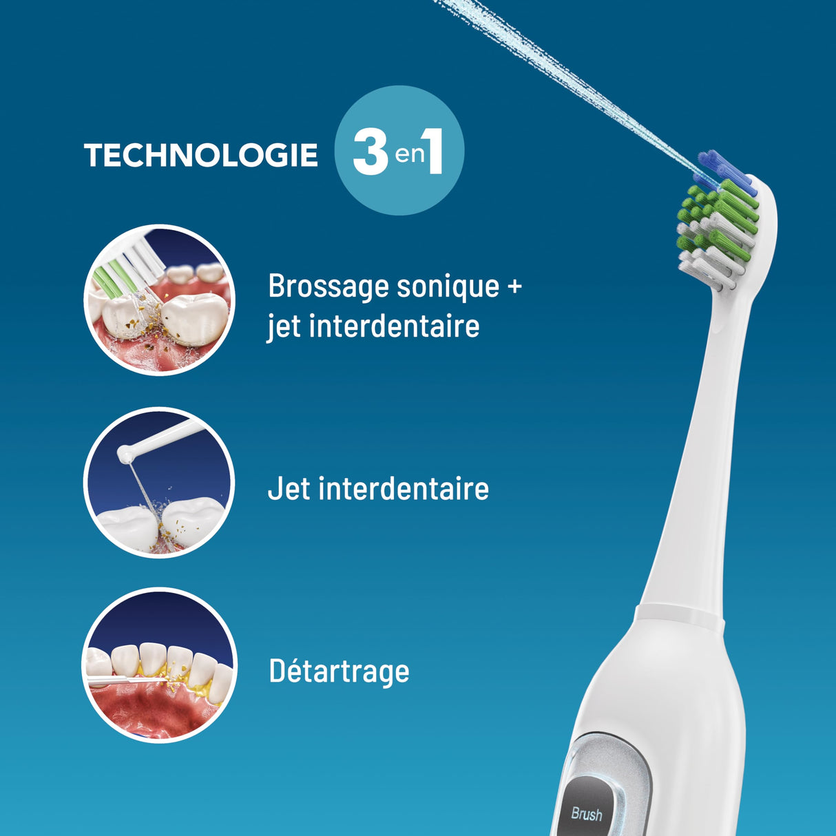 Haepi Julia - Cepillo de dientes eléctrico sónico 3 en 1 | Cepillado + Jet interdental + Descalcificación | 48.000 vibraciones/min | Recargable USB | Para encías sensibles y portadores de aparatos