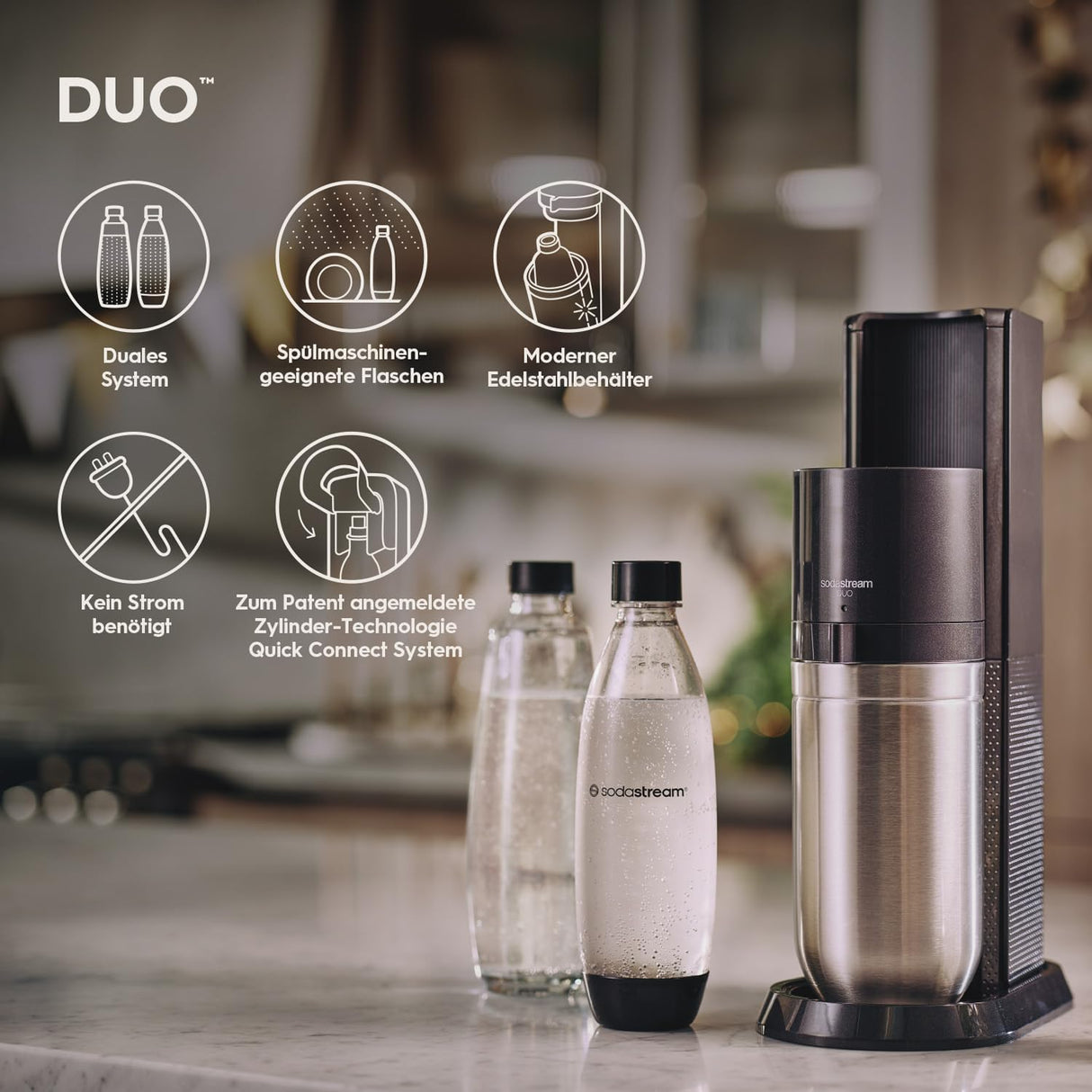SodaStream Aireador de agua DUO sin cilindro de CO2, 1 botella de cristal de 1 l y 1 botella de plástico apta para lavavajillas de 1 l, altura: 44 cm, color: titanio, 19,1 x 36,6 x 44,5